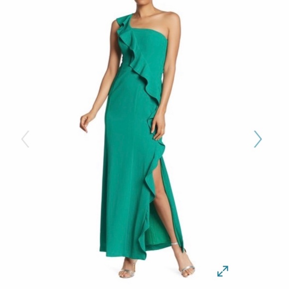 Vince Camuto green formal dress, ruffled one shoulder, size 2, NWT - Picture 2 of 4